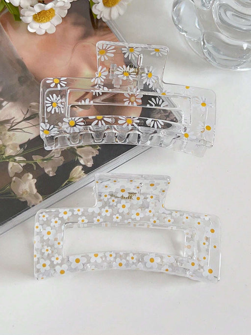 Shein 2 pinzas para el cabello cuadradas minimalistas transparentes con estampado de margaritas - Quierox - Tienda Online