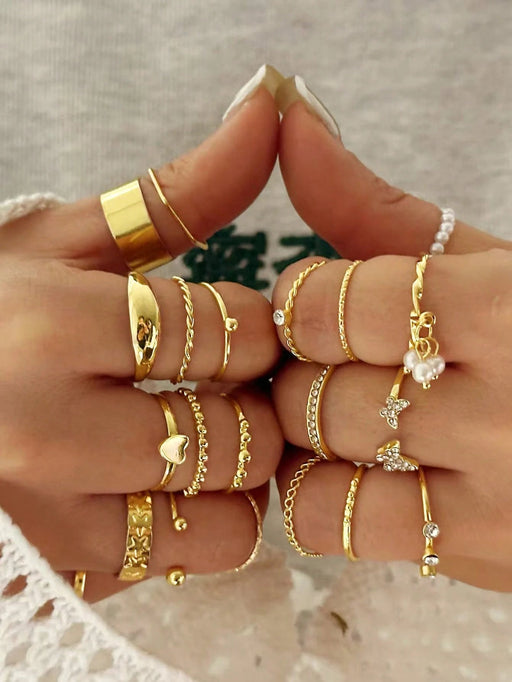 SHEIN 21 piezas Conjunto de anillos vintage minimalistas de estilo callejero con colgantes de cuentas - Quierox - Tienda Online