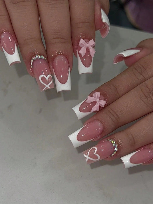 SHEIN 24 pegatinas para uñas con forma de ataúd mediano, con lazo rosa y corazón - Quierox - Tienda Online