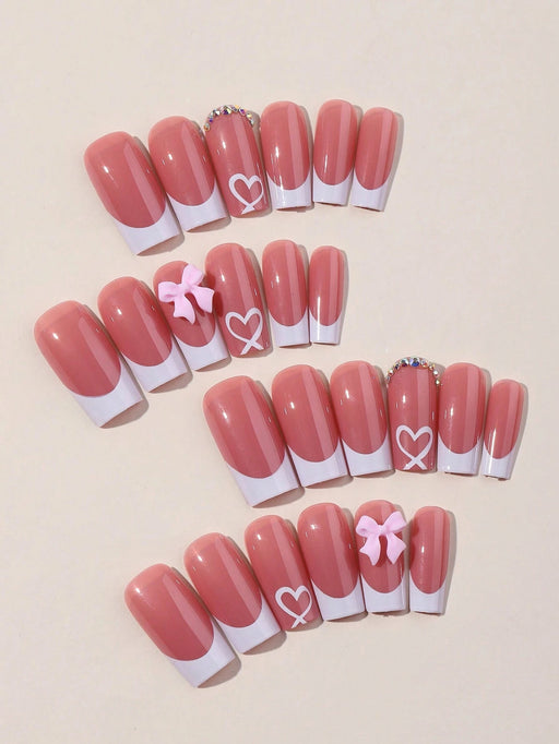 SHEIN 24 pegatinas para uñas con forma de ataúd mediano, con lazo rosa y corazón - Quierox - Tienda Online