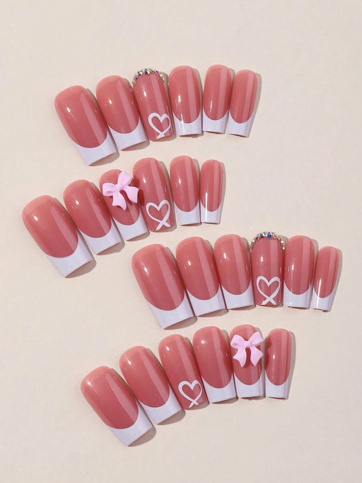 SHEIN 24 pegatinas para uñas con forma de ataúd mediano, con lazo rosa y corazón - Quierox - Tienda Online