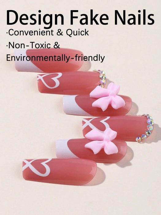 SHEIN 24 pegatinas para uñas con forma de ataúd mediano, con lazo rosa y corazón - Quierox - Tienda Online