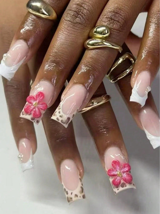 SHEIN 24 piezas Uñas postizas cuadradas con diseño de flores 3D - Quierox - Tienda Online