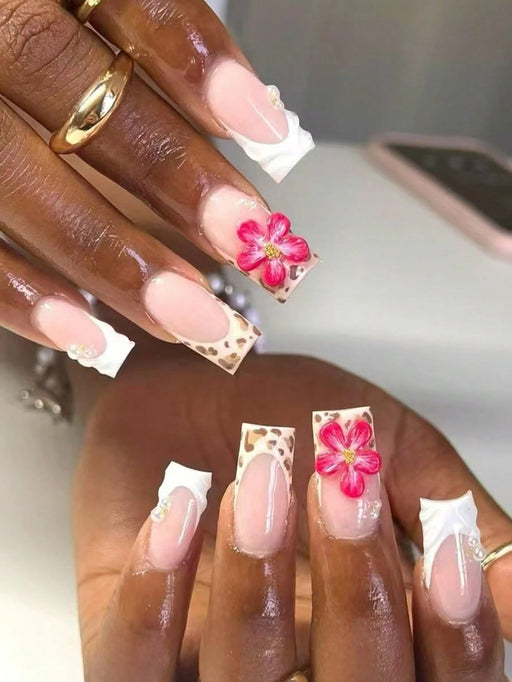 SHEIN 24 piezas Uñas postizas cuadradas con diseño de flores 3D - Quierox - Tienda Online