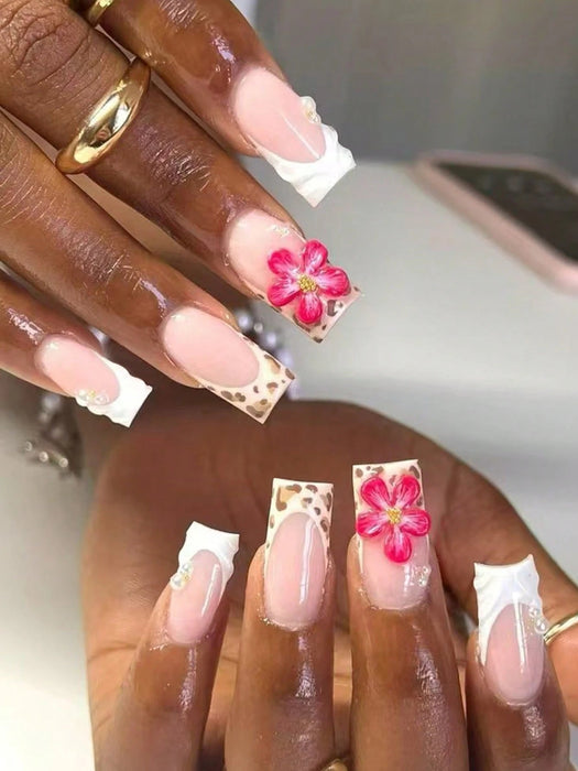 SHEIN 24 piezas Uñas postizas cuadradas con diseño de flores 3D - Quierox - Tienda Online