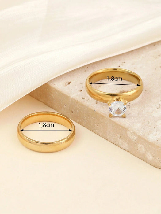 SHEIN 2pcs Anillos de pareja con incrustaciones de strass en color dorado - Quierox - Tienda Online