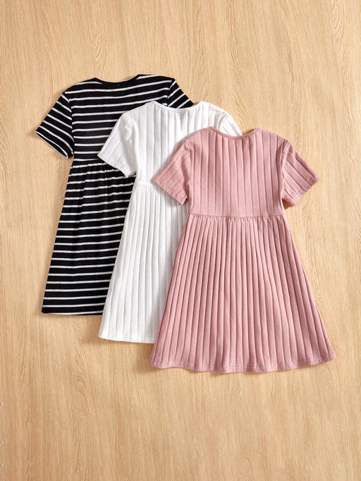 SHEIN 3 Vestidos Casual De Manga Corta Con Cuello Redondo Para Niña(colores aleatorios) - Quierox - Tienda Online