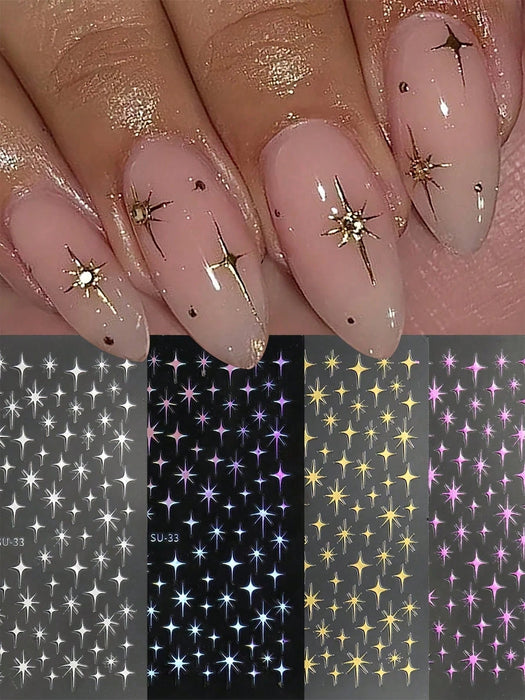 Shein 4 piezas Pegatinas de uñas 3D de metal con estrellas doradas de láser, decoración de arte de uñas francesas - Quierox - Tienda Online