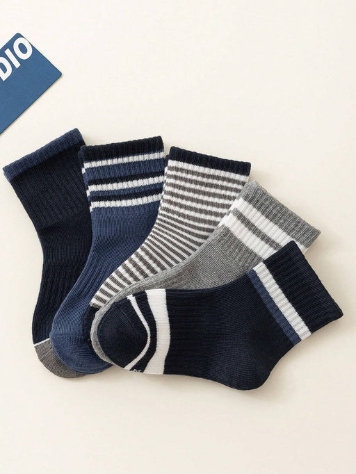 Shein 5 pares de calcetines cómodos de cintura alta con elástico, rayas grises y azules para niños - Quierox - Tienda Online