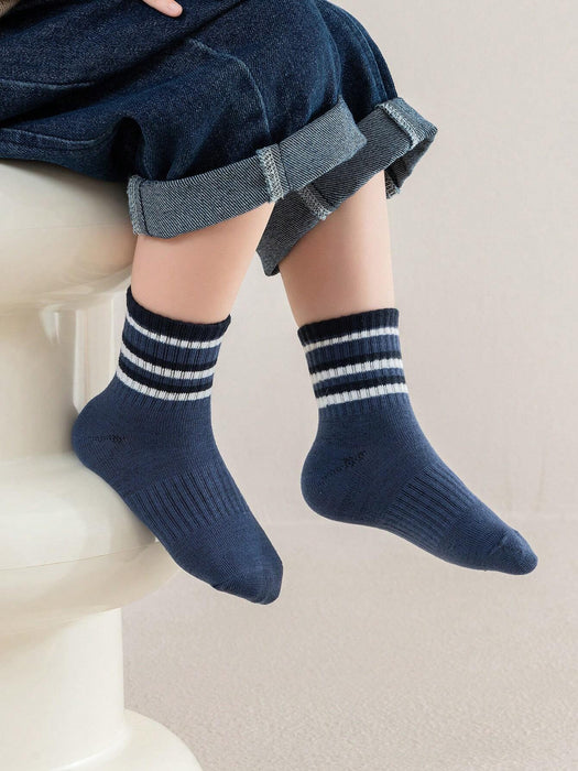 Shein 5 pares de calcetines cómodos de cintura alta con elástico, rayas grises y azules para niños - Quierox - Tienda Online