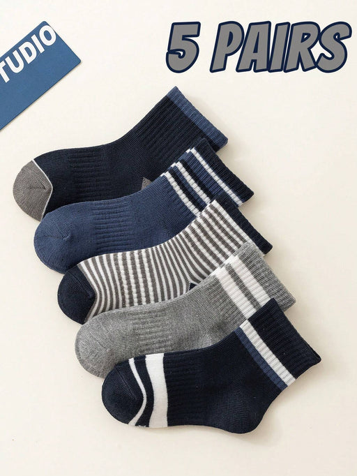 Shein 5 pares de calcetines cómodos de cintura alta con elástico, rayas grises y azules para niños - Quierox - Tienda Online