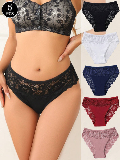 Shein 5 piezas Bragas de bikini de algodón transpirable y cómodo con encaje y cintura sexy para mujer - Quierox - Tienda Online