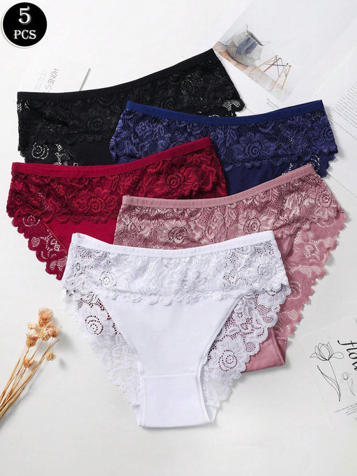 Shein 5 piezas Bragas de bikini de algodón transpirable y cómodo con encaje y cintura sexy para mujer - Quierox - Tienda Online