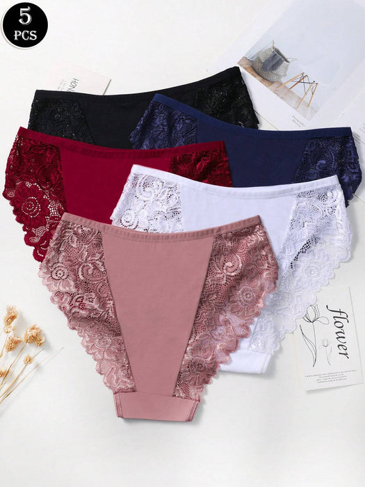 Shein 5 piezas Bragas de bikini de algodón transpirable y cómodo con encaje y cintura sexy para mujer - Quierox - Tienda Online