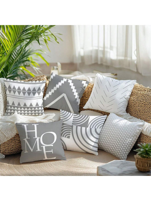 Shein 6 fundas de almohada decorativas geométricas minimalistas grises y blancas con la palabra "Home" 40*40cm - Quierox - Tienda Online