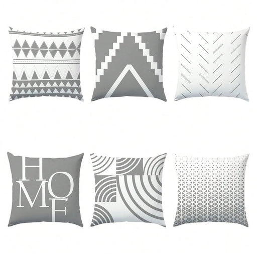 Shein 6 fundas de almohada decorativas geométricas minimalistas grises y blancas con la palabra "Home" 40*40cm - Quierox - Tienda Online
