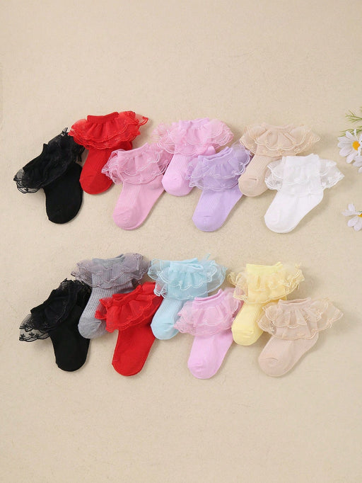 Shein 8 pares de calcetines de niña con dobladillo de encaje de doble capa - Quierox - Tienda Online