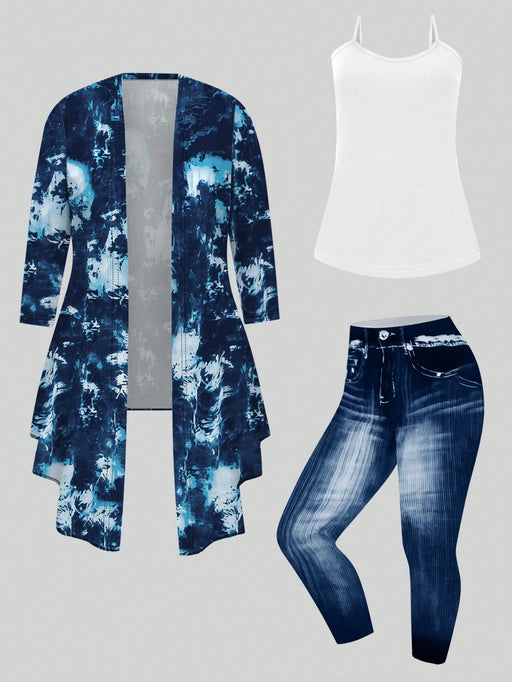 SHEIN Abrigo de abertura delantera con efecto tie - dye talla grande, camiseta y jeans - Quierox - Tienda Online
