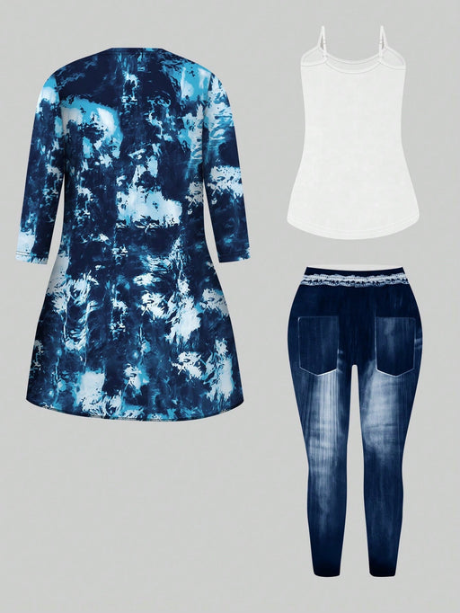 SHEIN Abrigo de abertura delantera con efecto tie - dye talla grande, camiseta y jeans - Quierox - Tienda Online