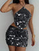 Shein Aloruh Conjunto de top halter asimétrico con lentejuelas de color liso y minifalda - Quierox - Tienda Online