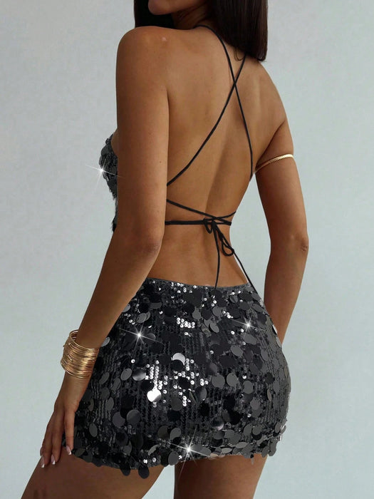 Shein Aloruh Conjunto de top halter asimétrico con lentejuelas de color liso y minifalda - Quierox - Tienda Online