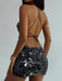 Shein Aloruh Conjunto de top halter asimétrico con lentejuelas de color liso y minifalda - Quierox - Tienda Online