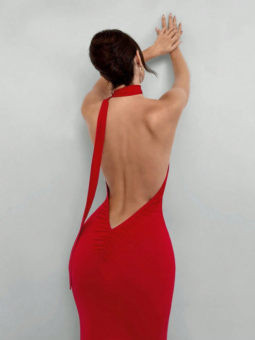 Shein Aloruh Elegante vestido rojo de verano sin espalda con cuello halter para mujer - Quierox - Tienda Online