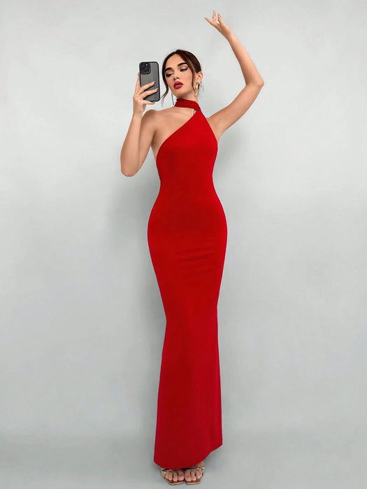 Shein Aloruh Elegante vestido rojo de verano sin espalda con cuello halter para mujer - Quierox - Tienda Online