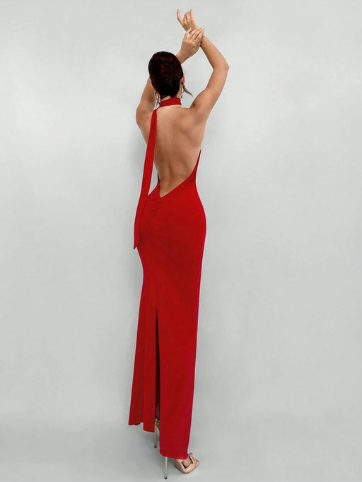 Shein Aloruh Elegante vestido rojo de verano sin espalda con cuello halter para mujer - Quierox - Tienda Online