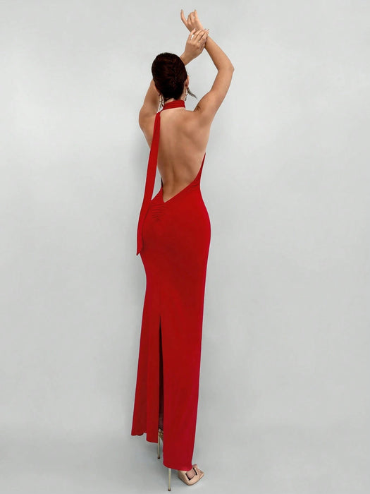 Shein Aloruh Elegante vestido rojo de verano sin espalda con cuello halter para mujer - Quierox - Tienda Online