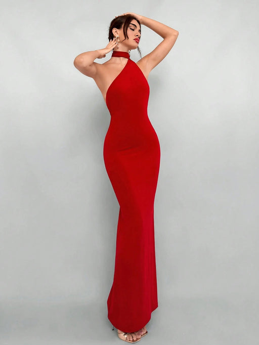 Shein Aloruh Elegante vestido rojo de verano sin espalda con cuello halter para mujer - Quierox - Tienda Online