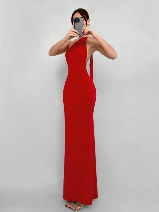 Shein Aloruh Elegante vestido rojo de verano sin espalda con cuello halter para mujer - Quierox - Tienda Online
