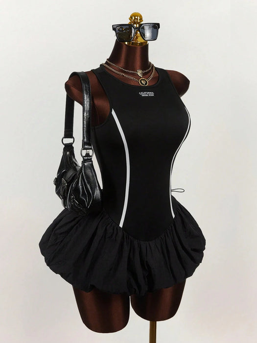 Shein Amplova Minivestido fruncido con decoración y lazo de cinta color block - Quierox - Tienda Online