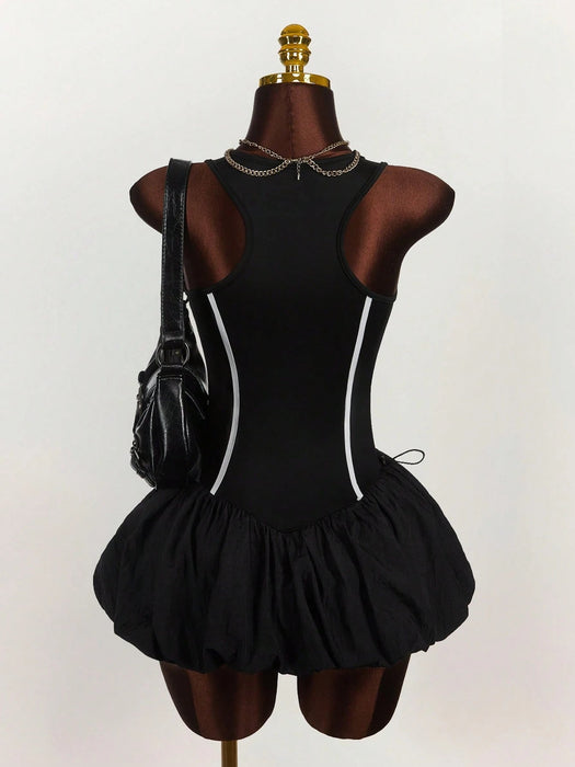 Shein Amplova Minivestido fruncido con decoración y lazo de cinta color block - Quierox - Tienda Online