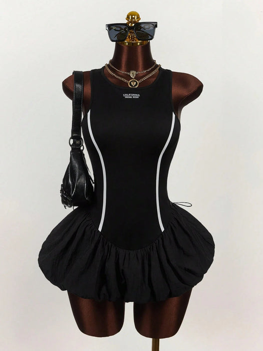 Shein Amplova Minivestido fruncido con decoración y lazo de cinta color block - Quierox - Tienda Online