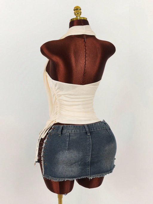 Shein Amplova Y2K Blusa de mujer con cuello drapeado y doble capa, dobladillo asimétrico y fruncido lateral - Quierox - Tienda Online
