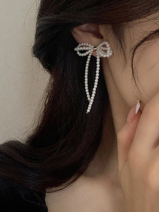 Shein Andkiss 1 par de pendientes con lazo, borla y perlas falsas, adecuados para mujeres - Quierox - Tienda Online