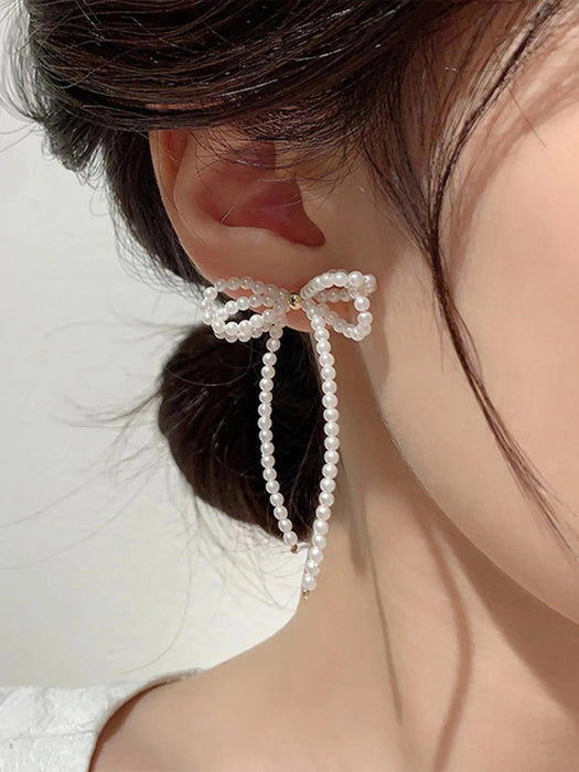 Shein Andkiss 1 par de pendientes con lazo, borla y perlas falsas, adecuados para mujeres - Quierox - Tienda Online