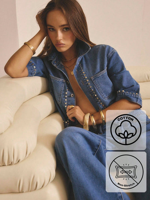 SHEIN Aralina Camisa de mezclilla con detalles de tachas, manga corta para invierno/verano - Quierox - Tienda Online