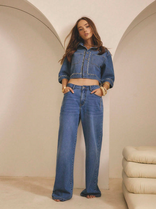 SHEIN Aralina Camisa de mezclilla con detalles de tachas, manga corta para invierno/verano - Quierox - Tienda Online