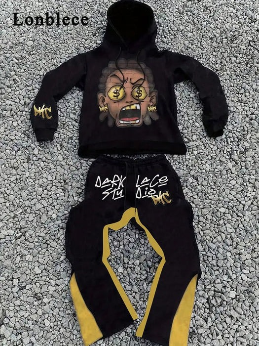 Shein Atuendo casual para hombre con un gráfico de diente de oro, compuesto por un hoodie negro combinado con pantalones acampanados - Quierox - Tienda Online