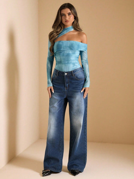 SHEIN BAE Body asimétrico de manga larga con estampado de teñido anudado en azul - Quierox - Tienda Online