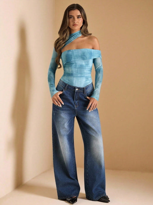 SHEIN BAE Body asimétrico de manga larga con estampado de teñido anudado en azul - Quierox - Tienda Online