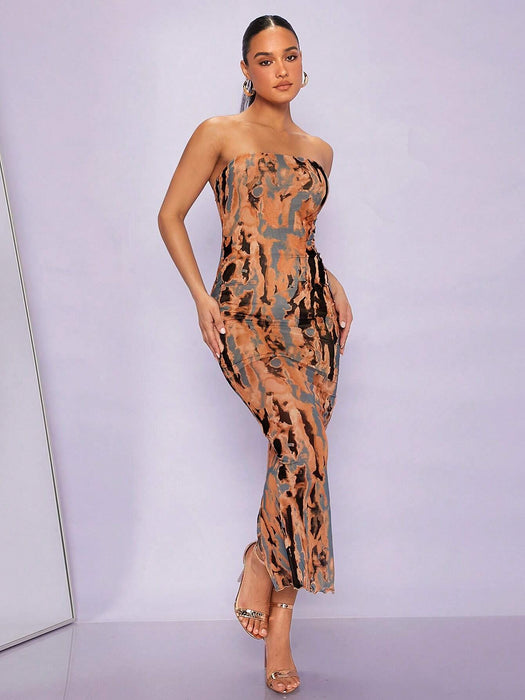 SHEIN BAE Vestido ajustado sin tirantes con estampado integral - Quierox - Tienda Online