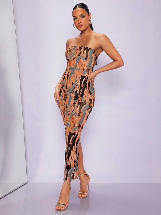 SHEIN BAE Vestido ajustado sin tirantes con estampado integral - Quierox - Tienda Online