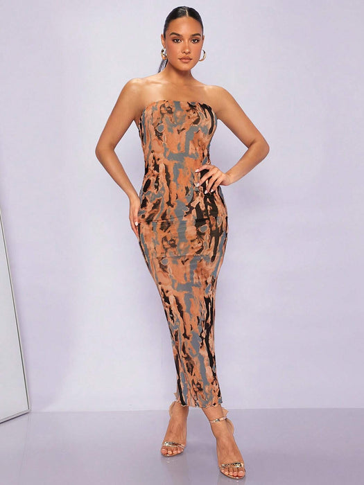 SHEIN BAE Vestido ajustado sin tirantes con estampado integral - Quierox - Tienda Online