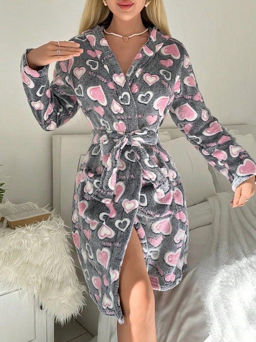 Shein Bata de baño de franela con estampado de corazón, otoño/invierno - Quierox - Tienda Online