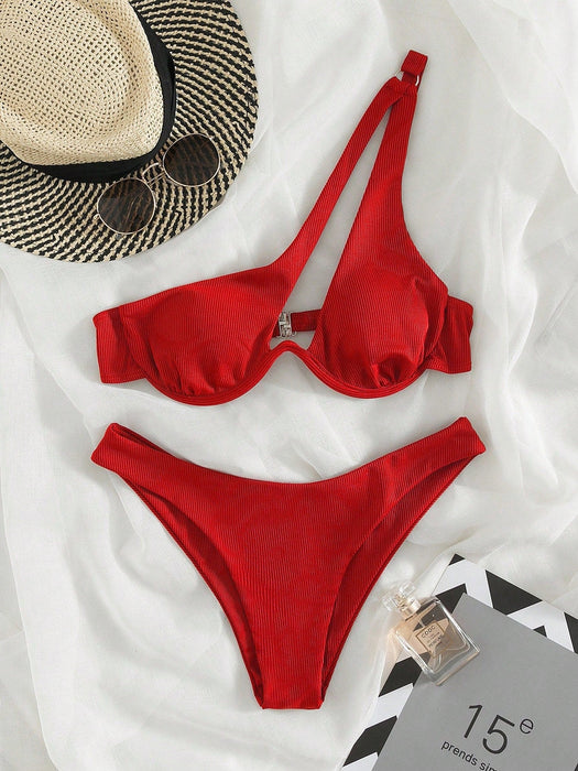 SHEIN Bikini rojo de dos piezas para mujer, tirantes ajustables, aros, cierre de gancho - Quierox - Tienda Online