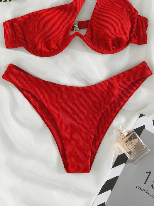 SHEIN Bikini rojo de dos piezas para mujer, tirantes ajustables, aros, cierre de gancho - Quierox - Tienda Online