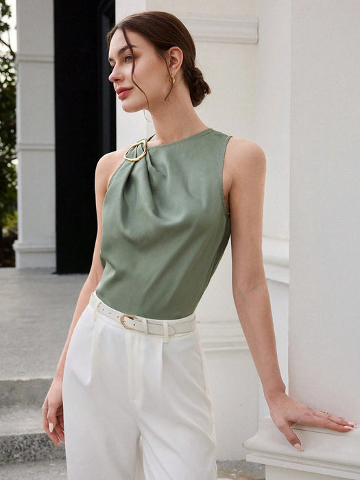 SHEIN BizChic top asimétrico fruncido con hebilla metálica color verde salvia - Quierox - Tienda Online
